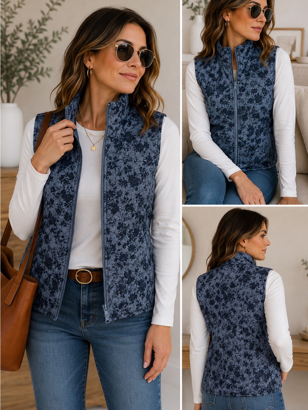 J. Jill NWT Blue Floral Quilted Zip Front Lightweight Cottagecore Layering Vest